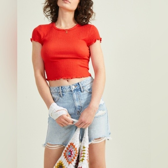 Urban outfitters lettuce hem baby tee crop top coral red medium - Picture 8 of 8